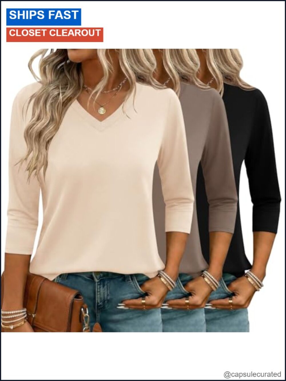 3 Pack Womens 3/4 Sleeve V Neck Tees Business Casual Summer T Shirts